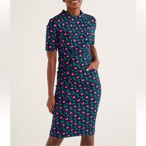 Boden Forest & Navy Floral Louise Textured Midi Sheath Dress US6R